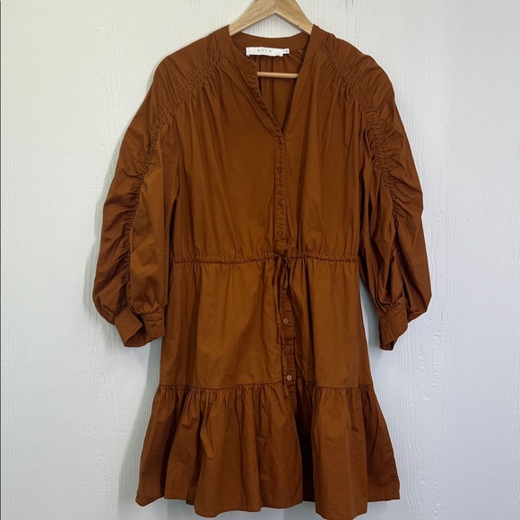 Astr The Label - Cognac Ruched Flounce Button Down Long Sleeve Mini Dress Medium - Picture 8 of 10